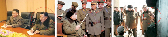 정부가 지난 8일 독자적으로 발표한 대북제재 리스트에 오른 장창하(붉은 원 안) 북한 제2자연과학원 원장이 북한의 핵·미사일 무기 개발 분야에서 핵심적인 역할을 하는 것으로 보인다. 장 원장은 최근 진행된 ‘광명성호’ 발사(왼쪽 사진), ‘탄도로켓 재진입 관련 실험’(가운데 〃), ‘고체연료 로켓실험’(오른쪽 〃) 현장에 김정은(가운데 사진 앞줄 왼쪽) 국방위원회 제1위원장을 수행한 모습이 포착됐다.  연합뉴스