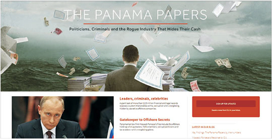 4일 세계 각국 전·현직 국가지도자와 정치인, 기업들이 연루된 사상 최대 규모의 조세도피 관련 사실을 공개한 국제탐사보도언론인협회(ICIJ)의 홈페이지. 미국 워싱턴에 본부가 있는 ICIJ는 독일의 쥐트도이체차이퉁과 함께 ‘파나마 페이퍼스(Panama Papers)’라는 이름으로 이 프로젝트를 진행했는데 블라디미르 푸틴 러시아 대통령의 측근들이 최대 20억 달러를 빼돌렸다고 주장했다.  ICIJ 홈페이지 캡처