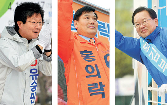 요동치는 대구 민심의 진원지가 되고 있는 무소속 유승민(왼쪽 사진·대구 동을), 홍의락(가운데 사진·대구 북을) 후보와 더불어민주당 김부겸(대구 수성갑) 후보가 5일 오전 자신의 지역구에서 유권자에게 지지를 호소하고 있다. 뉴시스
