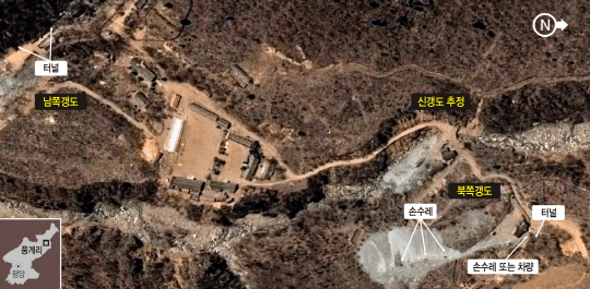 미국 과학국제안보연구소(ISIS)가 26일 공개한 북한 함경북도 풍계리 핵실험장의 인공위성 촬영사진에서 트럭과 차량, 인력 등이 거의 철수한 것으로 나타나 5차 핵실험 준비가 임박했다는 관측이 제기되고 있다.  뉴시스