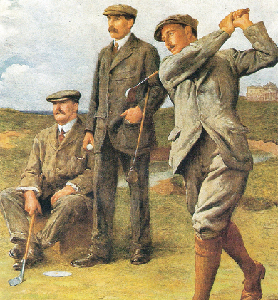 영국왕실골프협회(R&A) 멤버인 화가 클레멘트 플로워가 1913년 5개월에 걸쳐 완성한 ‘위대한 3인방’으로 명명된 실물 크기의 유화 작품으로 R&A에서 보관 중이다. 왼쪽부터 존 헨리 타일러, 제임스 브레이드, 해리 바든. 3명의 위대한 골퍼들은 1주일에 2차례씩 짬을 내 세인트앤드루스 올드코스 2번 홀에 모여 포즈를 취했다. 뒤편에는 R&A 건물이 보인다.