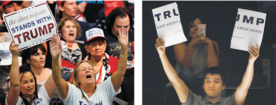 공화당의 도널드 트럼프가 과반 대의원을 확보하며 대선 후보를 확정한 가운데 25일 캘리포니아주 애너하임의 트럼프 유세장에서 지지자들이 환호하고 있다. 오른쪽 사진은 같은 유세장에서 트럼프 반대자가 트럼프 이름이 적힌 피켓을 찢어 보이는 모습. AP연합뉴스