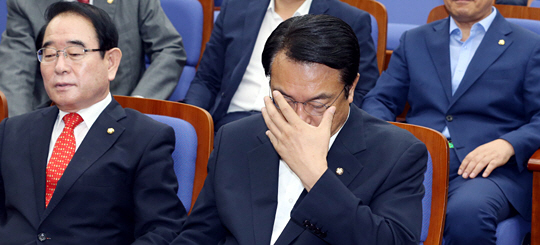 19일 오전 국회에서 열린 새누리당 의원총회에서 정진석(앞줄 오른쪽) 원내대표가 피곤한 듯 손으로 얼굴을 쓸어내리고 있다.