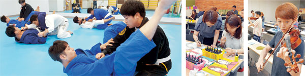 2일 경기 수원시 영통구 삼성로 삼성전자 삼성디지털시티 수원사업장 센트럴 파크에서 직원들이 주짓수(왼쪽 사진부터), 팝아트, 바이올린 등 다양한 ‘런치 클래스’ 동아리 활동을 하고 있다.