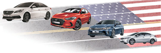 왼쪽 위부터 쏘나타, 아반떼, K5, K3