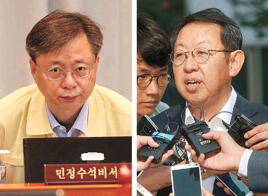 우병우(왼쪽 사진) 청와대 민정수석 사퇴 주장과 이석수 특별감찰관 감찰내용 유출 의혹에 대해 청와대가 ‘정권 흔들기’라며 정면 대응하고 있는 가운데 22일 오전 우 수석은 청와대-세종청사에서 동시에 열린 을지 국무회의에 참석했고 이 감찰관은 종로구 사무실로 출근하며 기자들의 질문에 답변하고 있다. 연합뉴스, 김호웅 기자 diverkim@