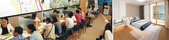 ㈜신영이 세종시 다정동 2-1생활권에서 분양 중인 ‘세종 지웰 푸르지오’ 주상복합단지를 찾은 수요자들이 28일 청약 상담을 받고 있다. 오른쪽은 다양한 수납공간 등 특화설계가 적용된 전용면적 74㎡ 안방 모습. ㈜신영 제공