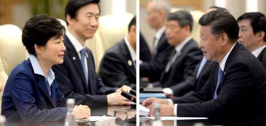 주요 20개국(G20) 정상회의 참석차 중국을 방문 중인 박근혜 대통령이 시진핑 중국 국가주석과 5일 오전 항저우에서 열린 한·중 정상회담에서 양국 현안에 대해 논의하고 있다. 항저우=연합뉴스