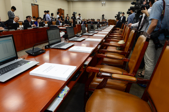 김재수 농림축산식품부 장관 해임건의안 처리를 둘러싼 여야의 대립으로 국정감사가 사흘째 파행을 겪으면서 28일 오전 국회 기획재정부 국정감사장의 여당 의원 자리가 텅 비어 있다.