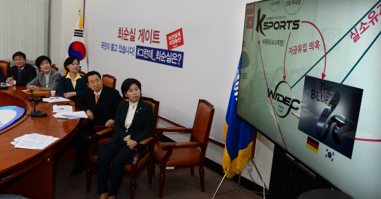 21일 오전 국회에서 열린 더불어민주당 최순실게이트 진상 규명 회의에 참석한 추미애(가운데) 대표 등 당 지도부가 최순실 씨 의혹 관련 자료 영상을 보고 있다.
