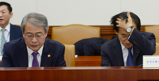 10일 오전 서울 세종로 정부서울청사에서 열린 경제현안점검회의에 참석한 임종룡(왼쪽) 부총리 겸 기획재정부 장관 지명자(금융위원장)와 이주열 한국은행 총재가 심각한 표정으로 자료를 살펴보고 있다.