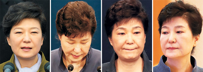 지난 2013년 2월 25일 제18대 대통령 취임식에서 헌법 준수와 국가보위 등을 국민에게 약속하는 선서를 했던 박근혜(왼쪽 사진부터) 대통령이 ‘최순실 국정농단 사건’과 관련해 지난달 25일 1차 대국민사과, 4일 2차 대국민사과를 한 이후 한동안 통상적 업무에서 물러나 있다 18일 굳은 표정으로 신임 정무직 임명장 수여식에 참석하고 있다. 뉴시스·연합뉴스