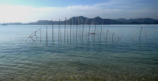 연홍미술관의 정원 앞바다에 설치된 물고기 모양의 조형물. 물고기 한 마리가 바다에 반쯤 몸을 담갔다.