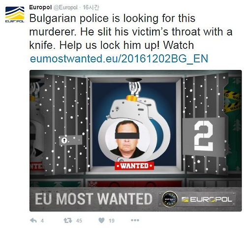 달력에 등장한 범죄자의 얼굴 [유로폴 트위터 캡처]