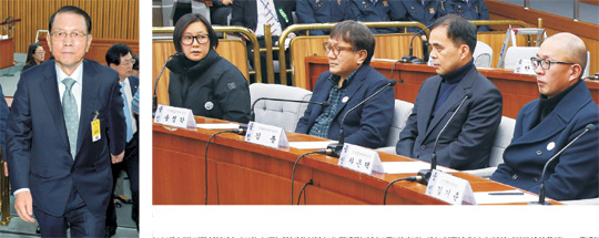 김기춘(왼쪽 사진) 전 대통령 비서실장이 7일 국회에서 열린 ‘최순실 국정농단 사건’ 국회 국정조사특별위원회 2차 청문회를 마치고 자정을 넘겨 청문회장을 나서고 있다. 이날 청문회 증인으로 참석한 최순실 씨의 조카 장시호(오른쪽 사진 왼쪽부터) 씨와 송성각 전 한국콘텐츠진흥원장, 김종 전 문화체육관광부 제2차관, 차은택 전 창조경제추진단장이 자리에 앉아 있다. 뉴시스 연합뉴스