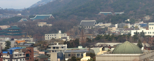 19일 오전 서울 종로구 재동 헌법재판소(오른쪽 아래 돔형 지붕) 너머로 청와대가 보이고 있다. 헌재는 박근혜 대통령 탄핵심판 사건을 심리하고 있다.  김호웅 기자 diverkim@