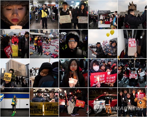 (서울=연합뉴스) 다사다난했던 2016년이 저문다. 최순실 국정농단 파문과 박근혜 대통령 탄핵소추안 가결 등으로 국민에 실망을 안긴 한 해였지만 촛불이 있어 희망을 가질 수 있었다. 갈 길이 남았지만 내년엔 촛불이 어둠을 이겨내고 더 큰 빛을 내길 기대해 본다. 사진은 광화문에서 열린 촛불집회 현장 속 시민들의 모습.