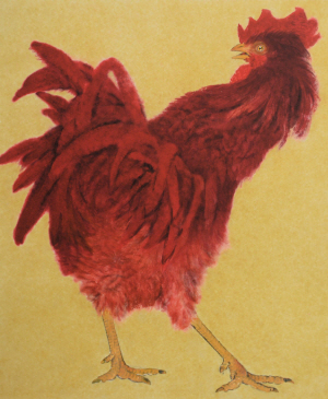 대한민국예술원 회장인 민경갑 화백이 2017년 정유년을 맞아 새롭게 그려 문화일보에 공개한 작품 벽사계(避邪鷄, 53×46㎝). 붉은 닭의 꼿꼿한 기개를 통해 모든 사악함과 액운을 막아내려는 힘찬 기상을 표현했다. 왼쪽 작은 사진은 국립민속박물관이 전시한 닭 모양 연적.