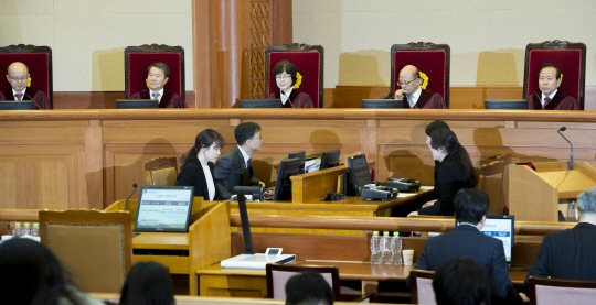박근혜 대통령 탄핵심판 3차 공개변론이 열린 10일 오전 서울 종로구 재동 헌법재판소에서 박한철(오른쪽 두 번째) 헌재소장 등 헌법재판관들이 자리한 가운데 정호성 전 청와대 부속비서관의 증인석이 비어 있다. 정 전 비서관과 오후 변론의 증인인 최순실 씨는 불출석 사유서를 제출했다.