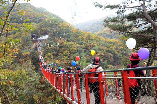 감악산을 찾은 관광객들이 출렁다리를 건너며 경치를 구경하고 있다.  파주시 제공