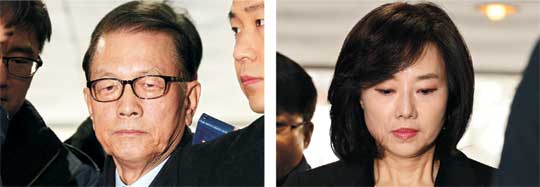 문화예술계 ‘블랙리스트’를 작성·관리한 의혹을 받고 있는 김기춘(왼쪽 사진) 전 청와대 비서실장과 조윤선 문화체육관광부 장관이 구속영장실질심사를 받기 위해 20일 서울중앙지법에 들어서고 있다.