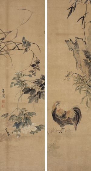 오원 장승업, ‘화조 대련’. 종이에 수묵담채, (129×34㎝)