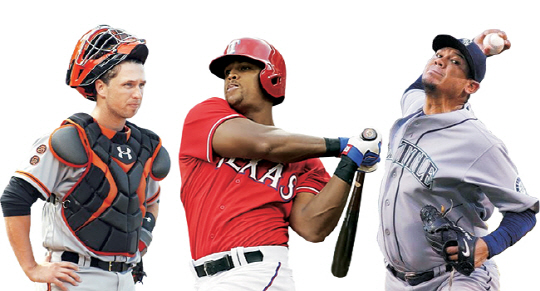 WBC 첫 우승을 노리며 엔트리 28명을 모두 메이저리거로 꾸린 미국의 안방마님 버스터 포지(샌프란시스코 자이언츠·왼쪽부터), 2연패를 노리는 도미니카공화국의 간판타자 애드리안 벨트레(텍사스 레인저스), 우승후보로 거론되는 베네수엘라의 에이스 펠릭스 에르난데스(시애틀 매리너스).