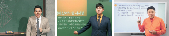 ‘스타 인터넷 강사’로 유명한 한국사 강사 설민석(왼쪽부터) 씨와 영어 강사 김기훈 쎄듀 대표, 김대균 세종사이버대 겸임교수가 온라인 동영상 강의를 하고 있다.