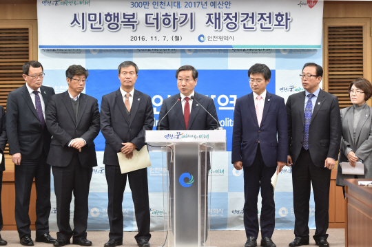 지난해 말 유정복(가운데) 인천시장이 기자회견을 열어 참모진과 새해 예산편성 기조 및 부채감축 방안을 발표하고 있다.  인천시 제공