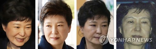 (서울=연합뉴스) 지난 10일 헌재의 파면결정 이후 청와대를 떠나 서울 삼성동 자택에 도착할 때부터 구속수감에 이르기까지 박근혜 전 대통령의 표정은 눈에 띄게 달라졌다. 왼쪽부터 지난 12일 삼성동 도착, 21일 서울중앙지검 소환, 30일 서울중앙지법 영장실질심사 출석, 31일 서울 구치소 구속수감 때의 모습.