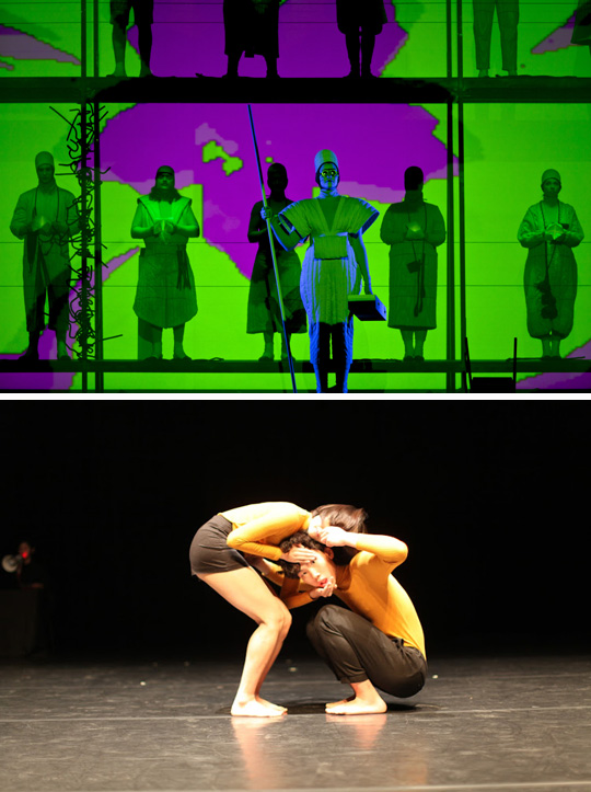 미디어아트를 적극 활용한 새로운 형태의 오페라 ‘워 섬 업’(위쪽 사진)과 유지영의 무용극 ‘신체 부위의 명칭에 대한 의문’의 한 장면. 의정부음악극축제·안산국제거리극축제 제공