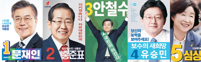 19대 대통령 선거 공식선거운동이 시작된 17일 각 후보 캠프는 선거 벽보에 사용될 포스터를 공개했다. 왼쪽부터 문재인 더불어민주당, 홍준표 자유한국당, 안철수 국민의당, 유승민 바른정당, 심상정 정의당 후보 포스터.  각 캠프 제공