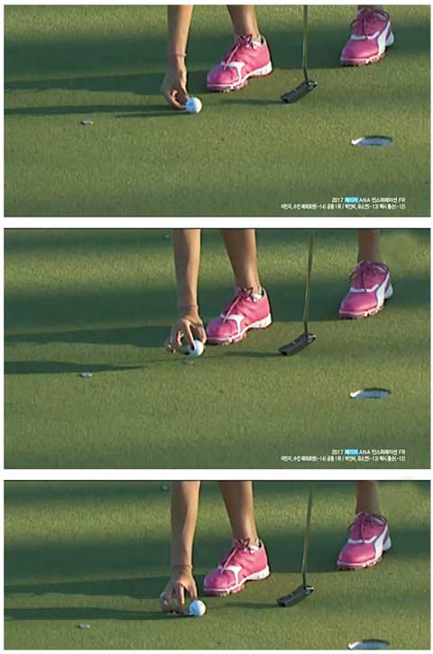문제가 된 렉시 톰프슨의 볼 마크 장면. 위 사진부터 볼을 마크한 다음, 볼을 집어 올린 후 원래의 볼 마크 지점보다 볼을 홀 쪽으로 내려놓은 뒤 마크를 들어 올리고 있다.
