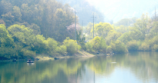 충북 음성의 원남저수지를 건너는 남촌교 부근의 수변 풍경. 신록이 도장처럼 찍히는 고요한 수면 위에 배를 띄운 낚시꾼은 이곳의 풍경을 일러 ‘비현실적인 아름다움’이라고 표현했다.