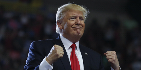 도널드 트럼프 미국 대통령이 29일 펜실베이니아 해리스버그에서 취임 100일 기념 유세 연설을 마친 뒤, 두 주먹을 불끈 쥐며 웃고 있다. 트럼프 대통령은 다음날 CBS 방송 ‘페이스 더 네이션’과의 인터뷰에서 북한에 대한 군사행동문제에 대해 “잘 모르겠지만 좀 지켜보자”며 가능성을 열어뒀다. AP 연합뉴스