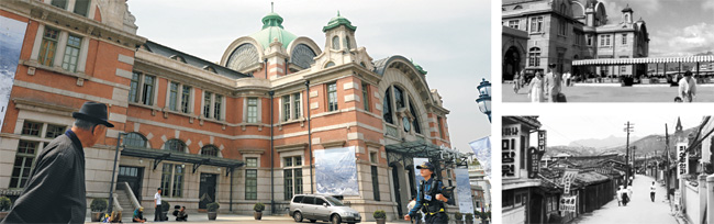 1961년에 제작된 영화 ‘서울의 지붕 밑’에서 서울역(오른쪽 위 사진)은 미래를 향한 가능성이 열려 있는 공간으로 표현됐다. 현재 서울역(왼쪽)은 ‘문화역서울284’라는 복합문화공간으로 기능이 바뀌었지만 외형은 당시와 같다. 영화의 주요 배경인 서울 도심 골목길(오른쪽 아래)이 정겹게 다가온다.