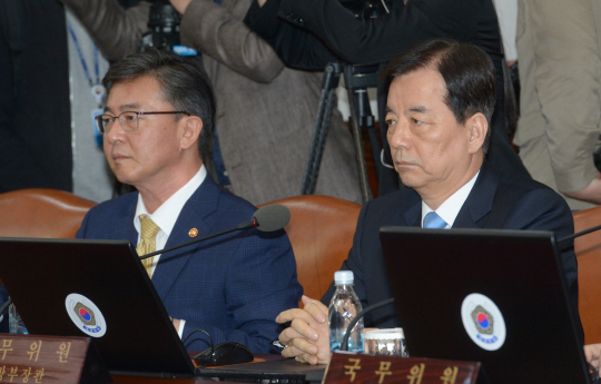 북한의 ICBM급 신형 중장거리탄도미사일(IRBM) ‘화성-12’ 발사 이틀 뒤인 16일 오전 정부서울청사에서 열린 국무회의에서 한민구(오른쪽) 국방부 장관과 홍용표(왼쪽) 통일부 장관이 유일호 경제부총리의 모두발언을 듣고 있다.