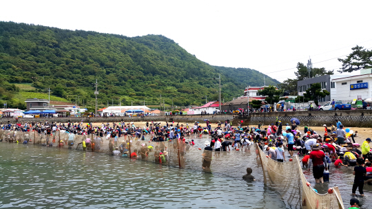 지난해 경남 통영시 한산면 추봉도에서 열린 ‘한산도 바다체험 축제’에서 관광객들이 물고기 잡기 체험을 하고 있다.   경남도 제공