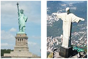 미국 뉴욕과 브라질 리우데자네이루를 각각 상징하는 ‘자유의 여신상’(왼쪽 사진)과 ‘구세주 그리스도상’(오른쪽).