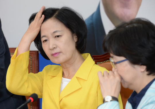 추미애(왼쪽) 더불어민주당 대표가 13일 오전 국회에서 김은경(오른쪽) 환경부 장관을 접견한 자리에서 손으로 머리를 쓸어넘기고 있다.   김호웅 기자 diverkim@