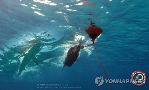 펠프스의 헤엄치는 모습과 상어 CG를 합성한 장면. [디스커버리채널 캡처]