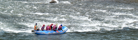 충북 단양 영춘면의 남한강 물길에서 래프팅을 하는 모습. 단양의 래프팅에서는 급류의 스릴보다 평화로운 강변풍경을 즐겨야 한다. 용진대교 아래 포말이 부서지는 급류가 딱 한 곳 있긴 하지만, 대부분의 구간에서 물길이 순해 노를 젓다 강물에 뛰어들며 여유롭게 즐길 수 있다.