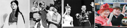 엘리자베스 2세 영국 여왕의 배우자인 필립 에든버러 공작이 이번 주로 왕실 공무에서 물러난다. 사진 왼쪽부터 1930년대 그리스 왕자 시절 모습, 1951년 엘리자베스 2세 여왕(당시 공주)과 결혼한 뒤 런던 거주지 부근에서 찰스 왕세자, 앤 공주 등 아이들과 즐거운 시간을 보내고 있는 모습, 1953년 엘리자베스 2세 여왕과 함께 버킹엄 궁에서 국민에게 손을 흔들리고 있는 모습, 2011년 6월 엘리자베스 2세 여왕과 영국 애스컷 승마 경기를 관람하기 위해 경기장으로 향하던 중 국민의 환호에 손을 흔들어 답례하고 있는 모습.  AP연합뉴스