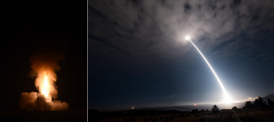 2일 오전 미국 캘리포니아주 샌타바버라 반덴버그 공군기지에서 대륙간탄도미사일(ICBM) ‘미니트맨 3’가 발사되고 있다. 미니트맨 3의 최대사거리가 1만3000㎞로, 반덴버그 공군기지에서 발사할 경우 평양에 30분이면 도달할 수 있다.  사진출처=미 공군 지구권타격사령부 홈페이지
