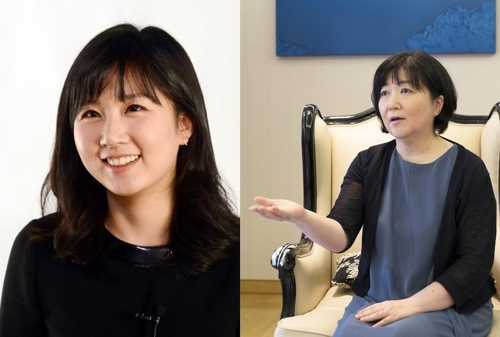 동국대 교수로 임용된 미스코리아 출신 영양학 박사 금나나씨(왼쪽)와 ‘가을동화’·‘겨울연가’ 작가 오수연씨(오른쪽).[동국대 제공=연합뉴스]