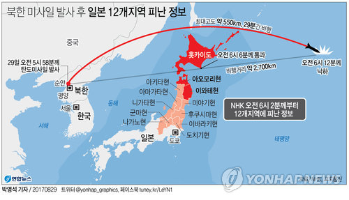 북한 미사일 발사 궤도와 피난 정보가 전달된 일본 12개지역