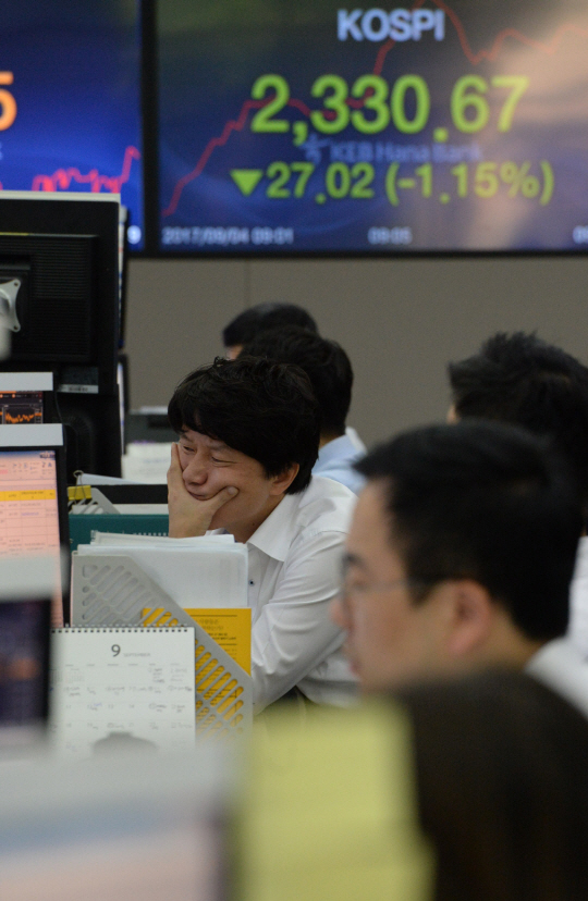 북한의 6차 핵실험으로 코스피가 급락 출발한 가운데 4일 서울 중구 을지로 KEB하나은행 본점 딜링룸에서 한 직원이 심각한 표정으로 모니터를 주시하고 있다.