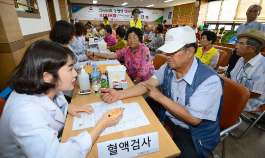 경북대병원 의료진이 어르신의 의료 검진을 위해 혈액검사를 진행하고 있다. 신창섭 기자