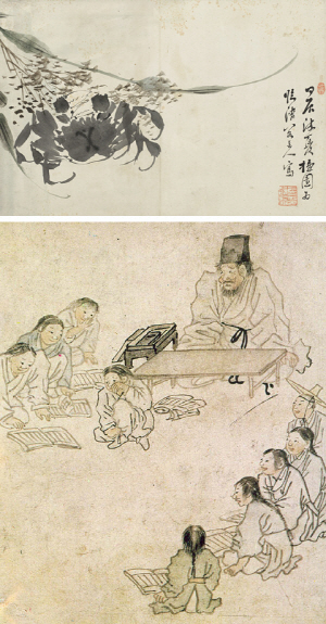 김홍도가 현재 경북 안동시 안기동의 안기찰방에 부임해 고성 이씨 임청각 주인에게 그려준 화첩 속의 그림 ‘갈대꽃과 게’(위·동산방화랑 제공)와 풍속화 ‘서당’(국립중앙박물관 소장).