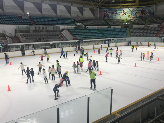 지난 16일 서울 양천구 목동아이스링크에서 스케이팅 강습이 진행되고 있다.